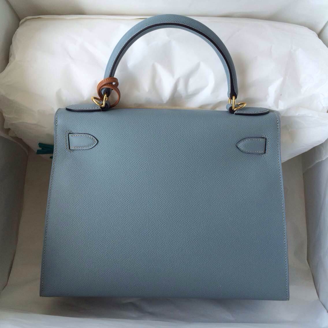 J7 Blue Lin Epsom Calf Leather Hermes Kelly Bag 28cm Sellier Gold Hardware