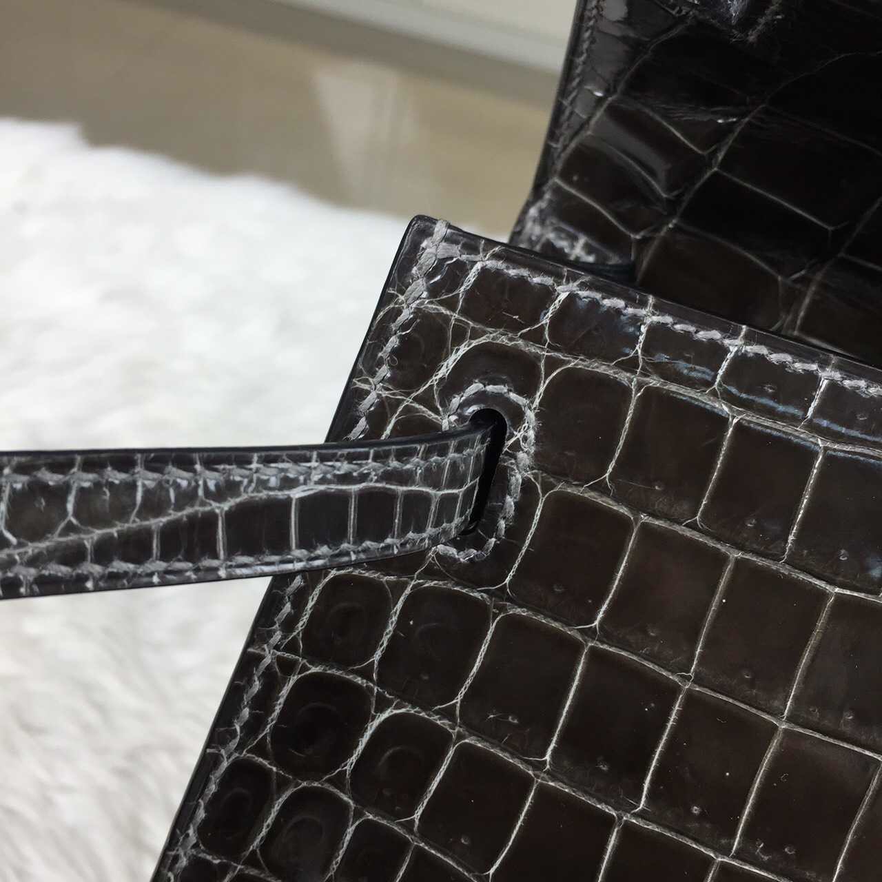 Hand Stitching Hermes Etain Grey Crocodile Porosus Leather Kelly Bag25CM