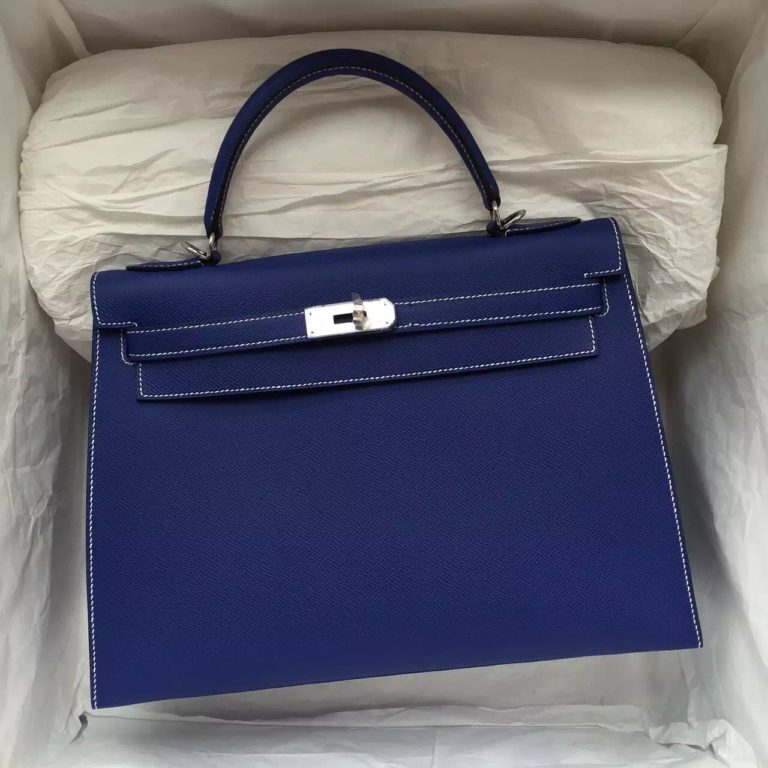 Hermes 7T Blue Electric Sellier Epsom Leather Kelly Bag Handbag  32CM