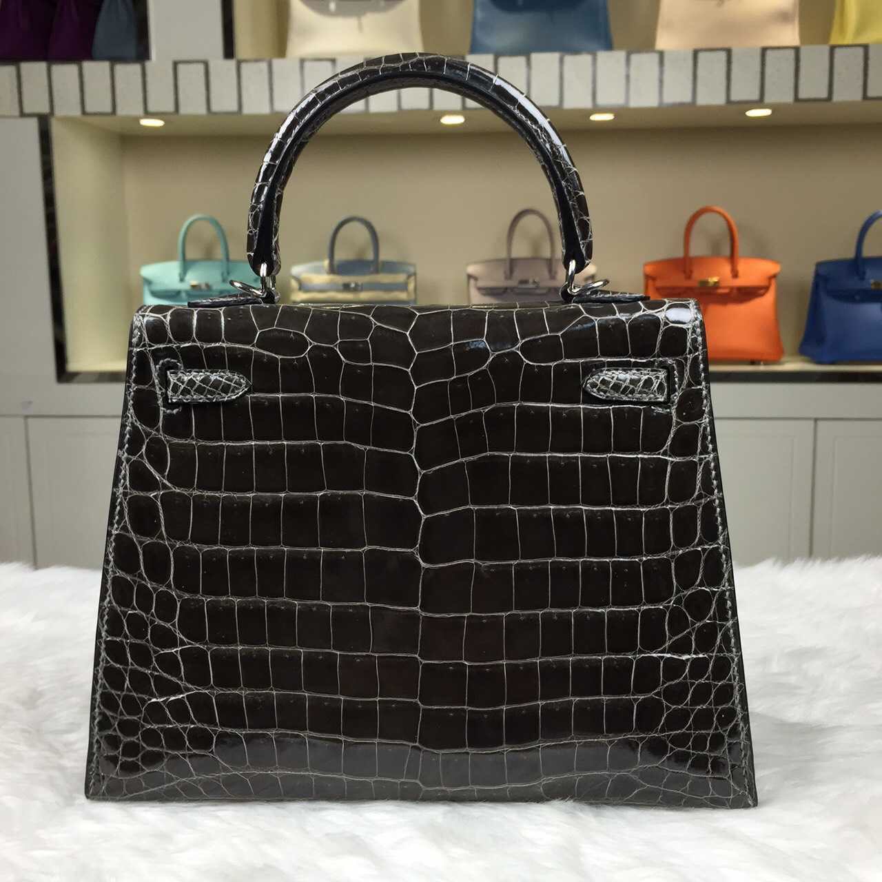 Hand Stitching Hermes Etain Grey Crocodile Porosus Leather Kelly Bag25CM