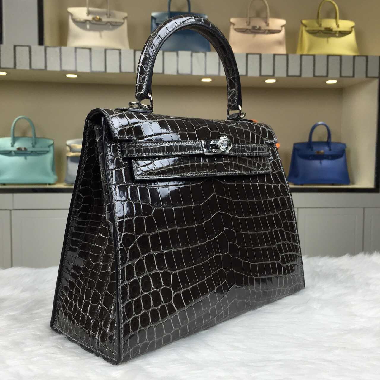 Hand Stitching Hermes Etain Grey Crocodile Porosus Leather Kelly Bag25CM