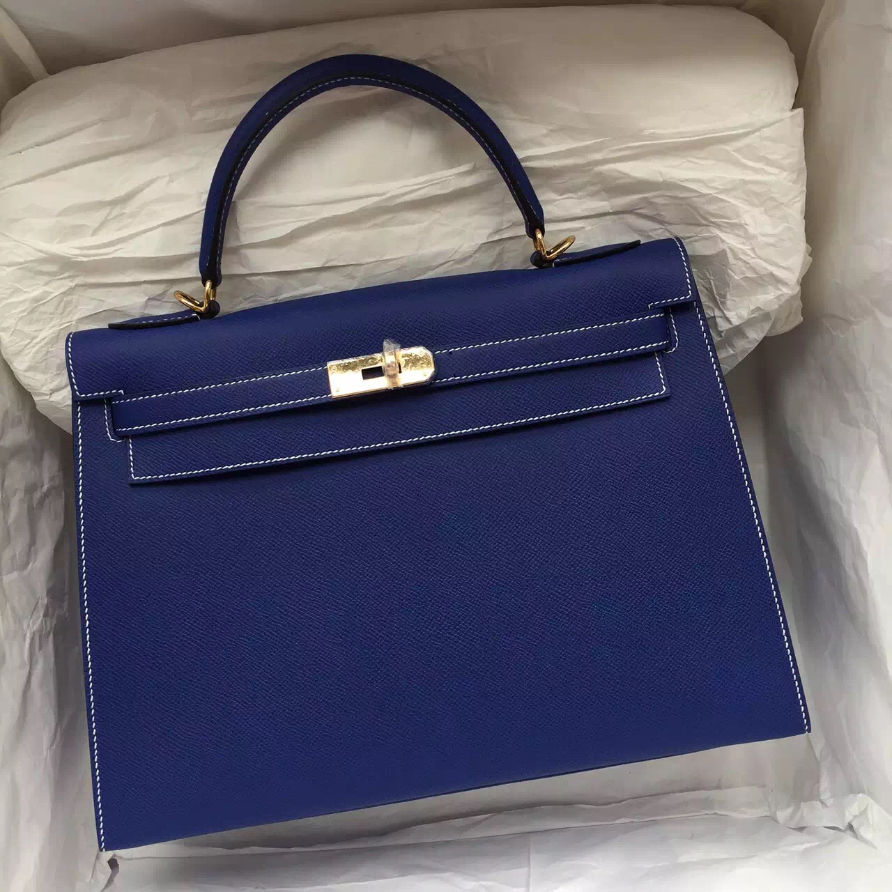 Discount Hermes 7T Blue Electric Sellier Epsom Leather Kelly Bag Handbag 32CM