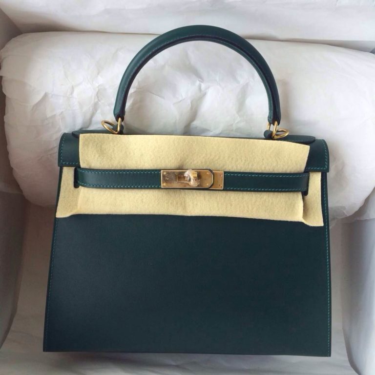 Hand Stitching Dark Green Box Calf Leather Kelly Bag  28cm Sellier Gold Hardware