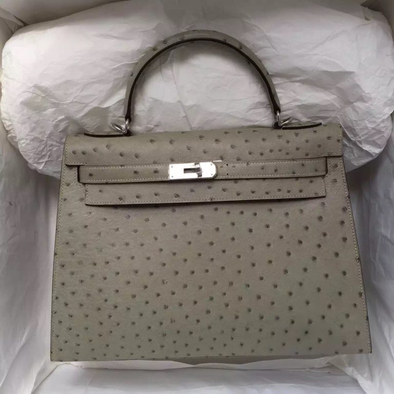 32CM Hermes Ostrich Leather Kelly Bag Sellier in Gris Tourterelle Silver Hardware