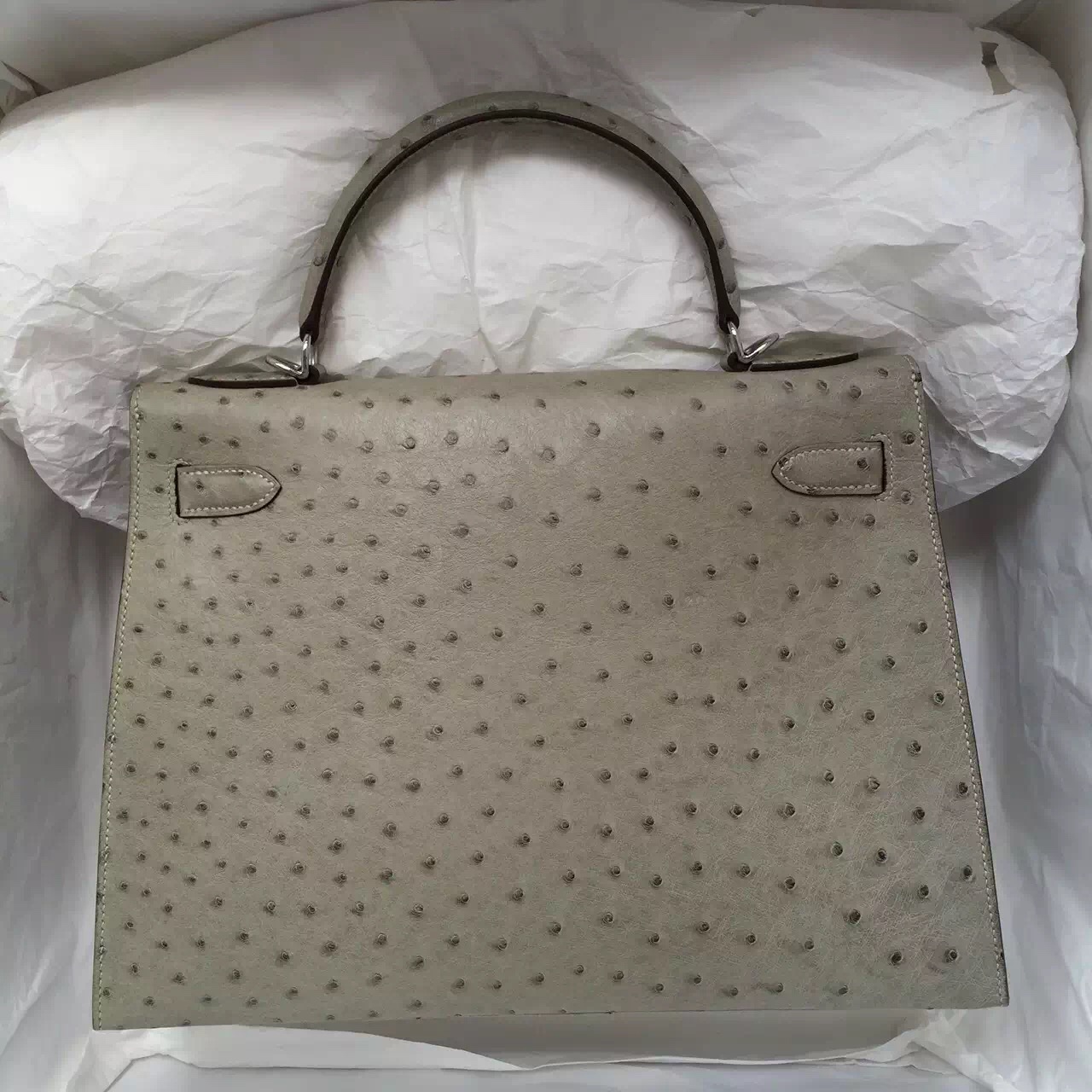 32CM Hermes Ostrich Leather Kelly Bag Sellier in Gris Tourterelle Silver Hardware