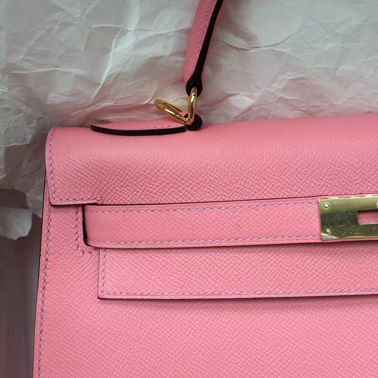 2015 New Handbag Hermes 1Q Rose Confetti Epsom Leather Sellier Kelly 32CM Gold Hardware