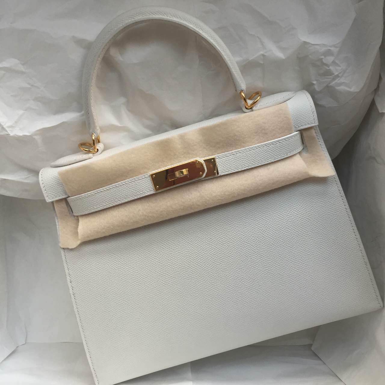 28cm White Epsom Calfskin Leather Hermes Kelly Bag Sellier White &#038; Gold Hardware