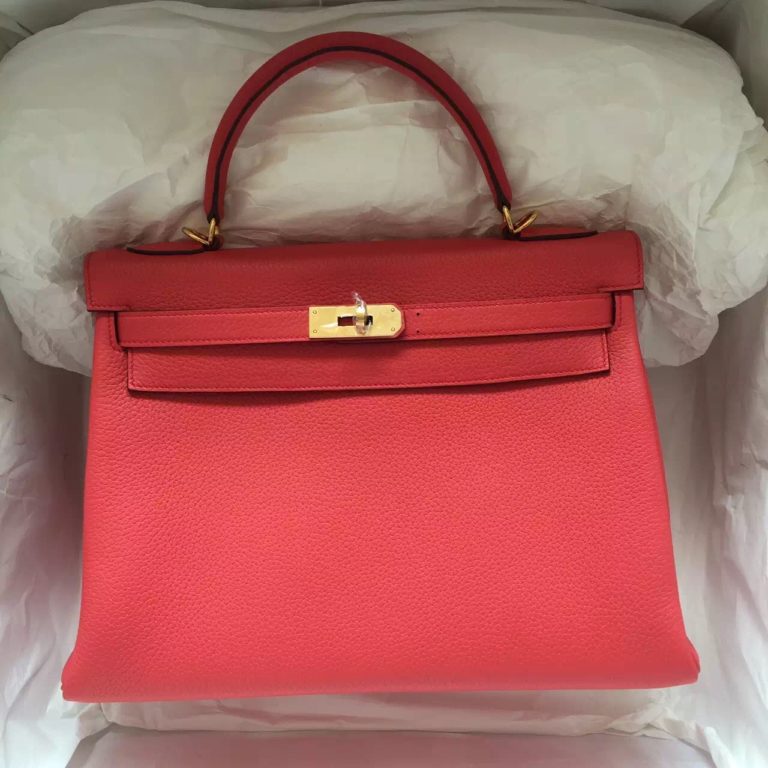 Hand Stitching Hermes Kelly Bag  32CM Retourne T5 Rose Jaipure Togo Leather Womens Handbag