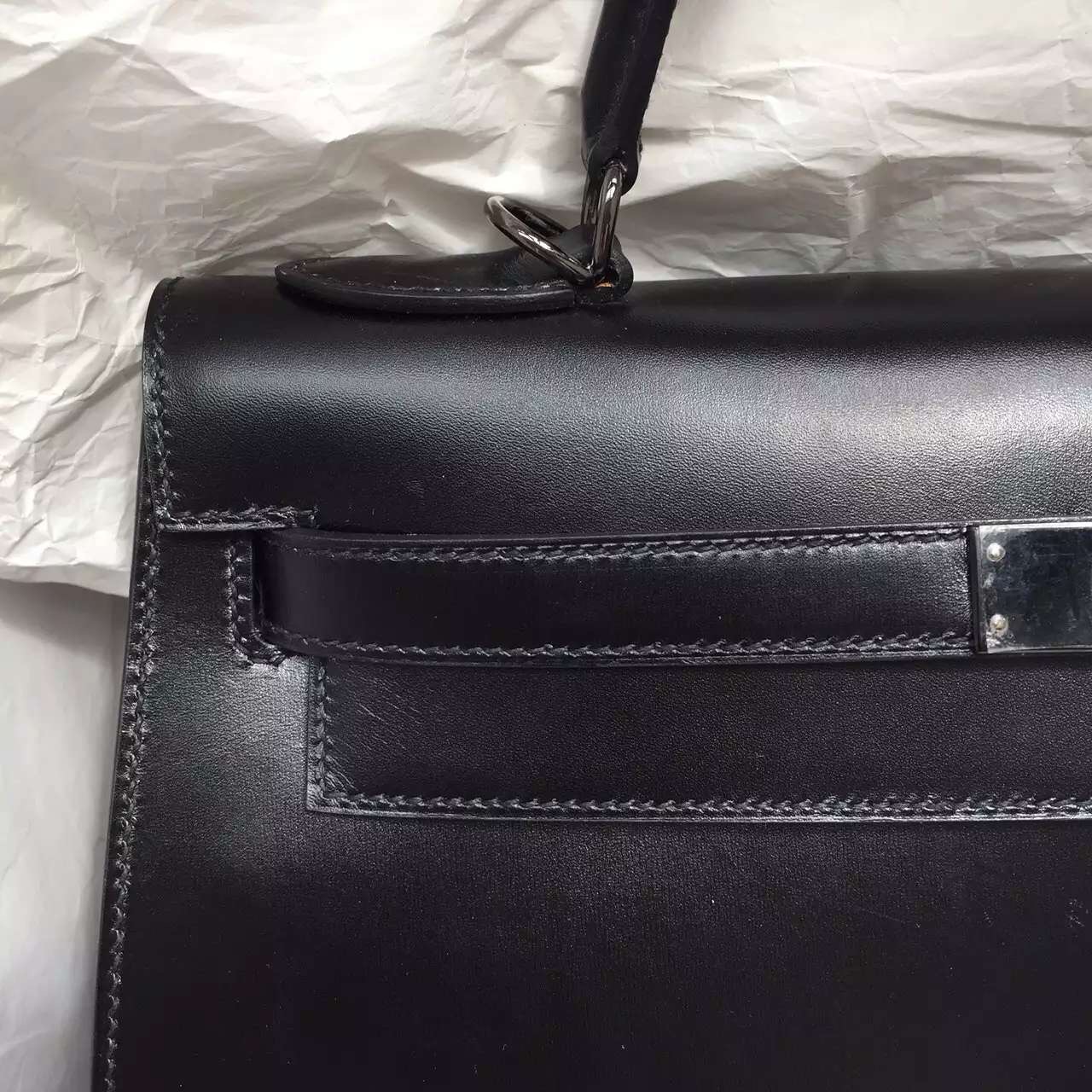 Fashion Hermes Kelly Bag 32CM Sellier Black Box Leather with Black Buckle