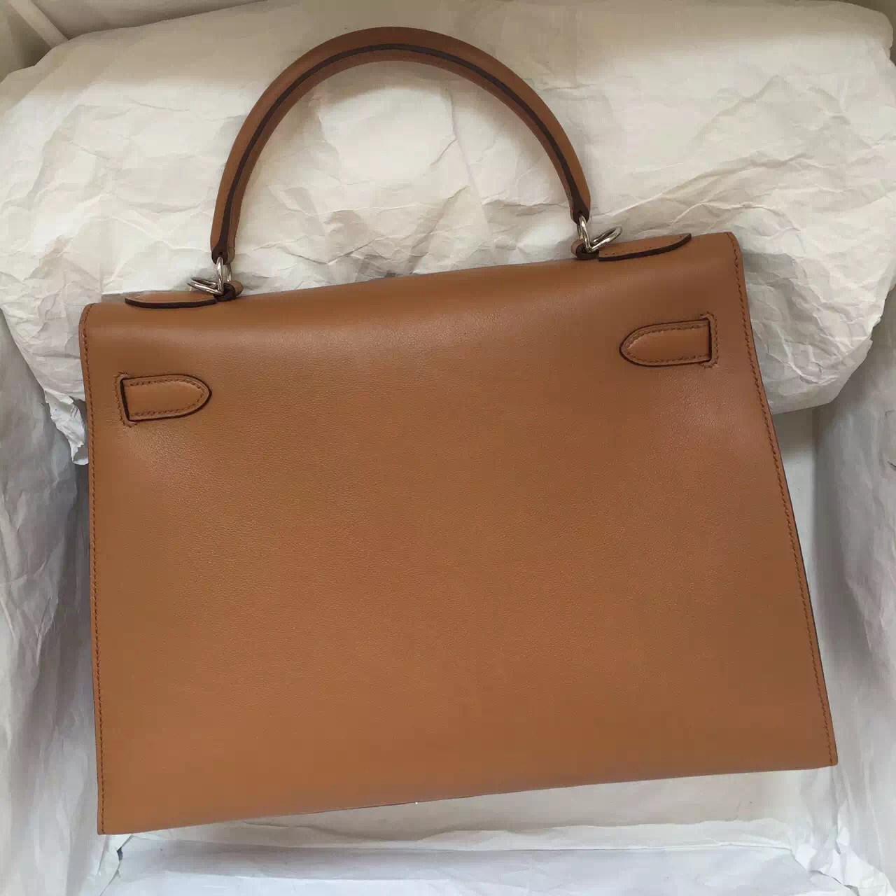 Hand Stitching Hermes Light Coffee Swift Leather Sellier Kelly Bag 32CM