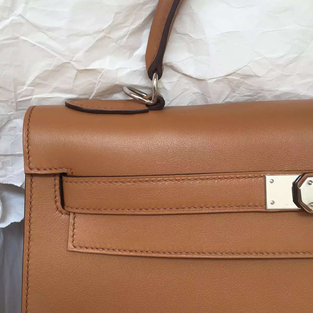 Hand Stitching Hermes Light Coffee Swift Leather Sellier Kelly Bag 32CM