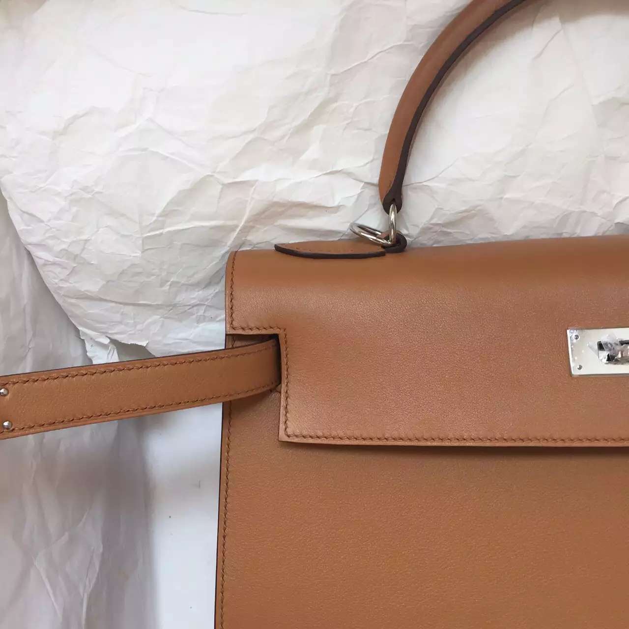 Hand Stitching Hermes Light Coffee Swift Leather Sellier Kelly Bag 32CM