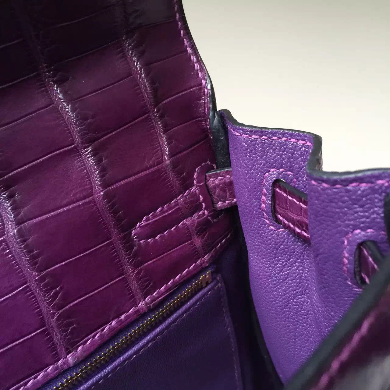 Hand Stitching Hermes N5 Gallon Purple Crocodile Matt Leather Kelly25cm