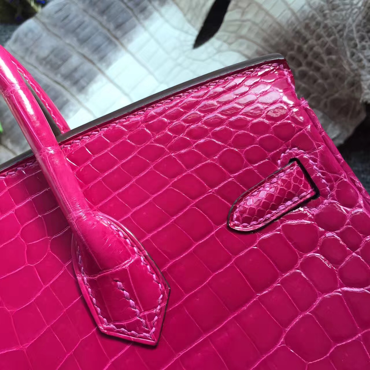 New Pretty Hermes J5 Rose Scheherazade Crocodile Shiny Leather Birkin25cm Bag