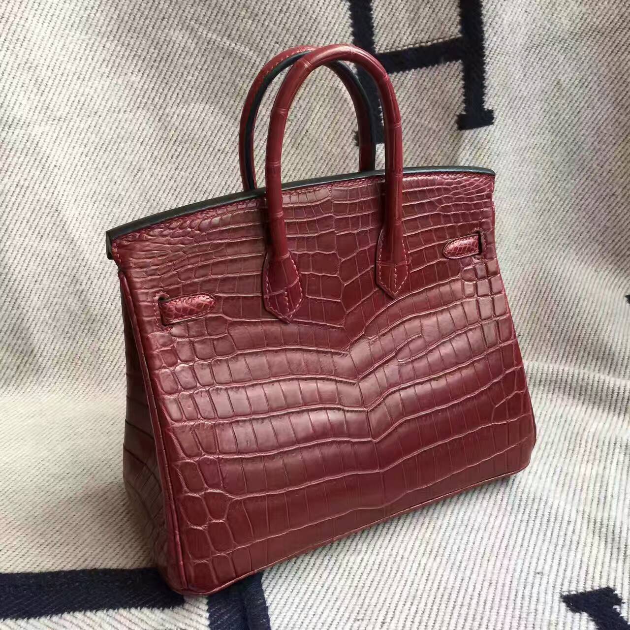 Hand Stitching Hermes CK55 Rouge Hermes Crocodile Matt Leather Birkin Bag 25cm