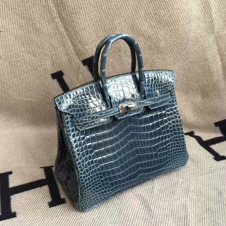 Hand Stitching Hermes 1P Duck Blue Shiny Crocodile Leather Birkin Bag  25cm