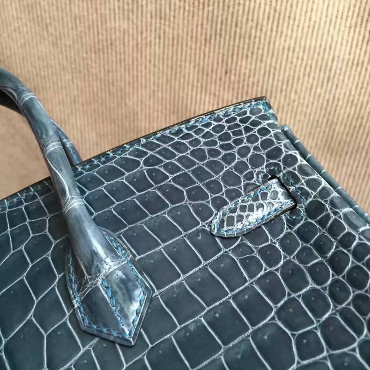 Hand Stitching Hermes 1P Duck Blue Shiny Crocodile Leather Birkin Bag 25cm