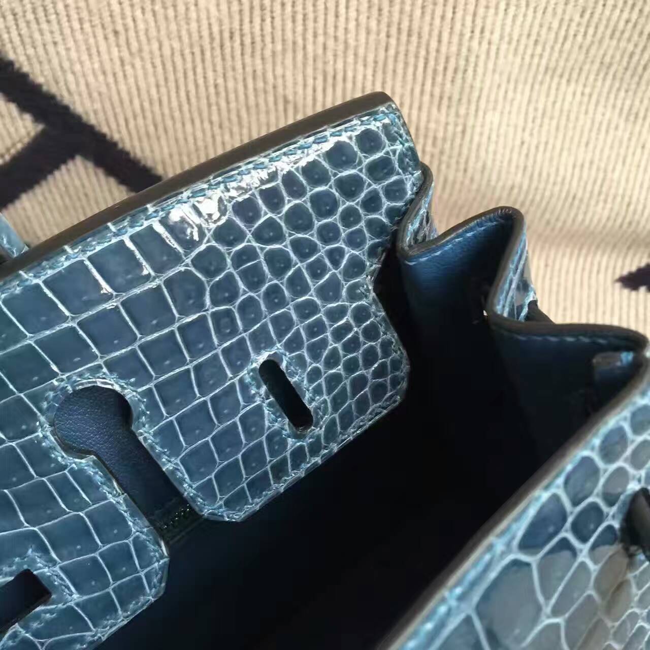 Hand Stitching Hermes 1P Duck Blue Shiny Crocodile Leather Birkin Bag 25cm