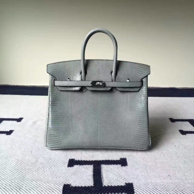Hermes C81 Gris Tourterelle Lizard Shiny Leather Birkin Bag  25cm
