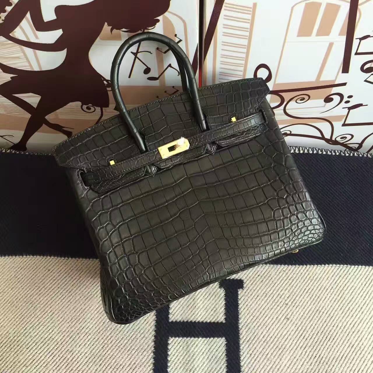 Wholesale Hermes CK89 Black Crocodile Matt Leather Birkin Bag 25cm