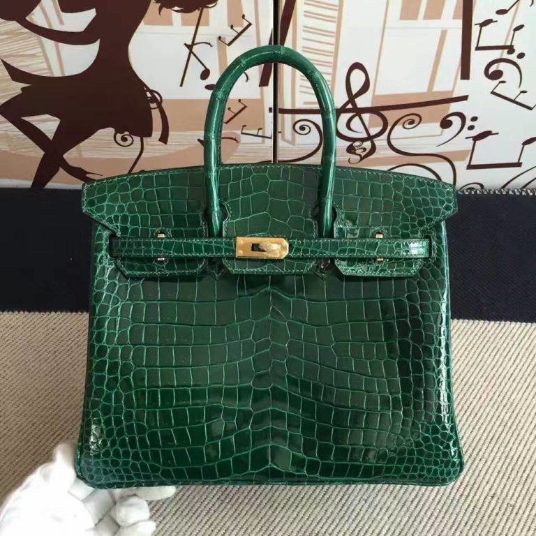 Hermes CK67 Vert Fonce Crocodile Shiny Leather Birkin Bag  25cm