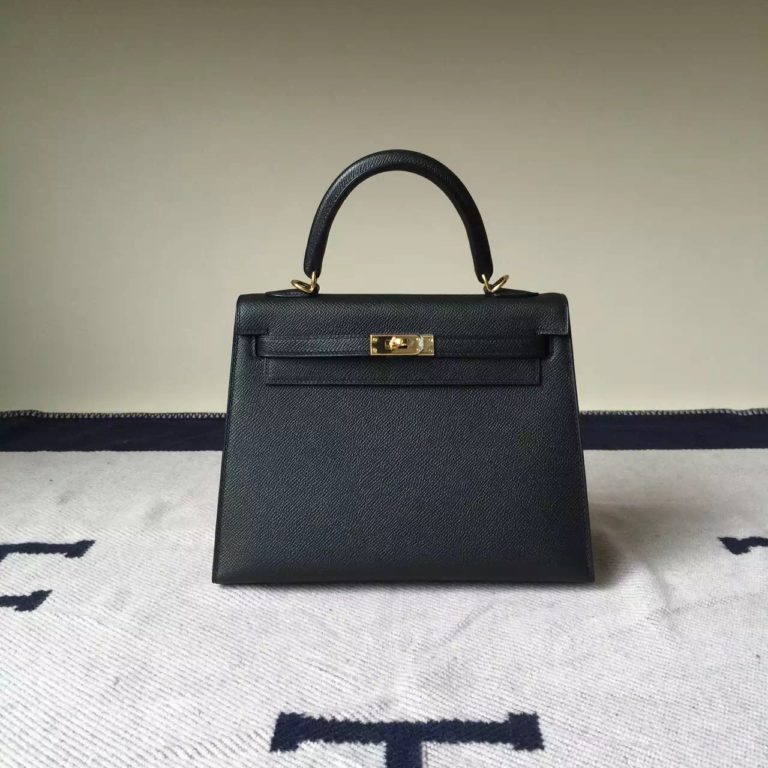 Hermes CK89 Black Epsom Leather Kelly Bag  25cm
