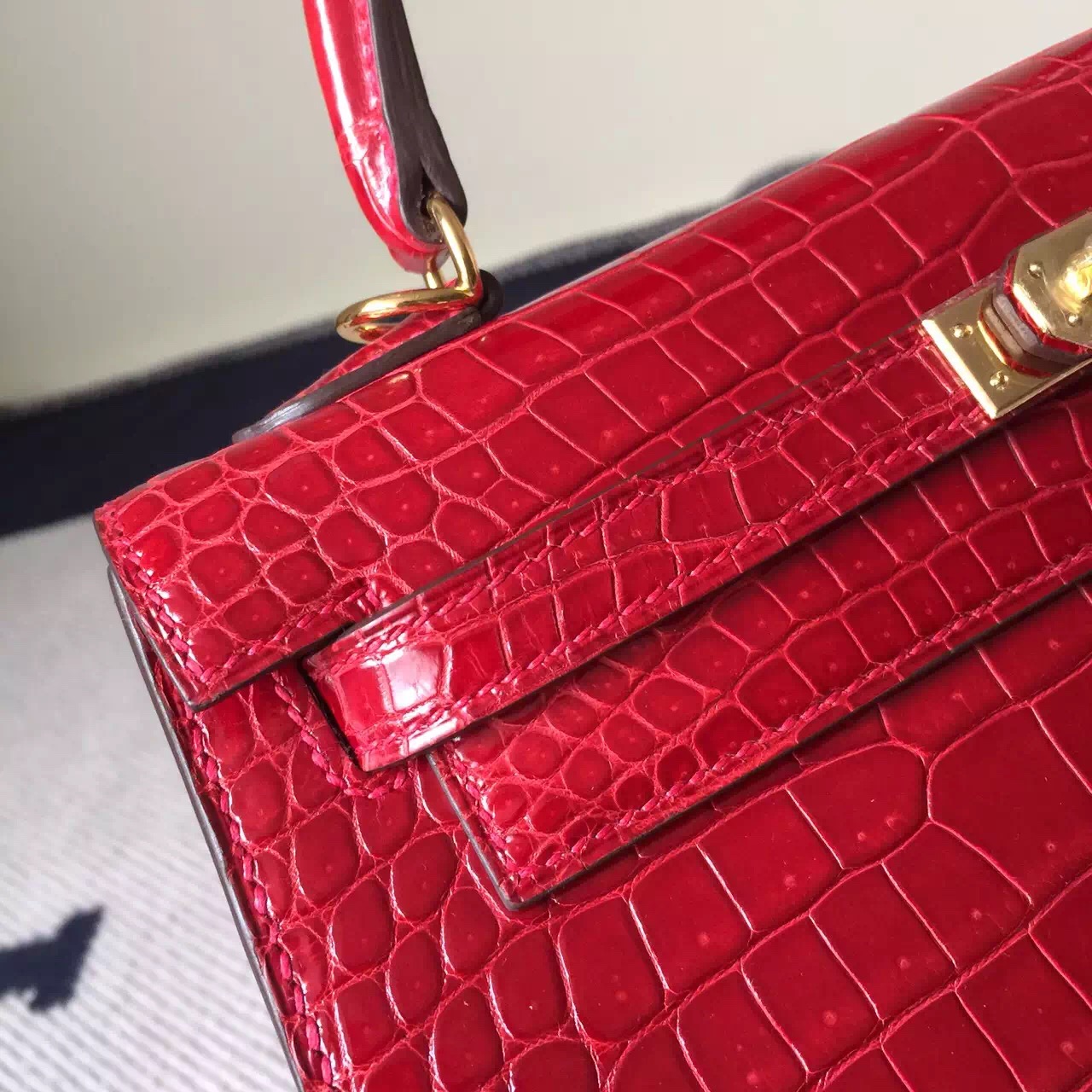 Discount Hermes Kelly Bag 25cm Q5 Rouge Casaque Crocodile Shiny Leather