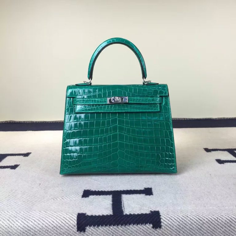 High Quality Hermes Crocodile Shiny Leather Kelly Bag  25cm in 6Q Emerald Green