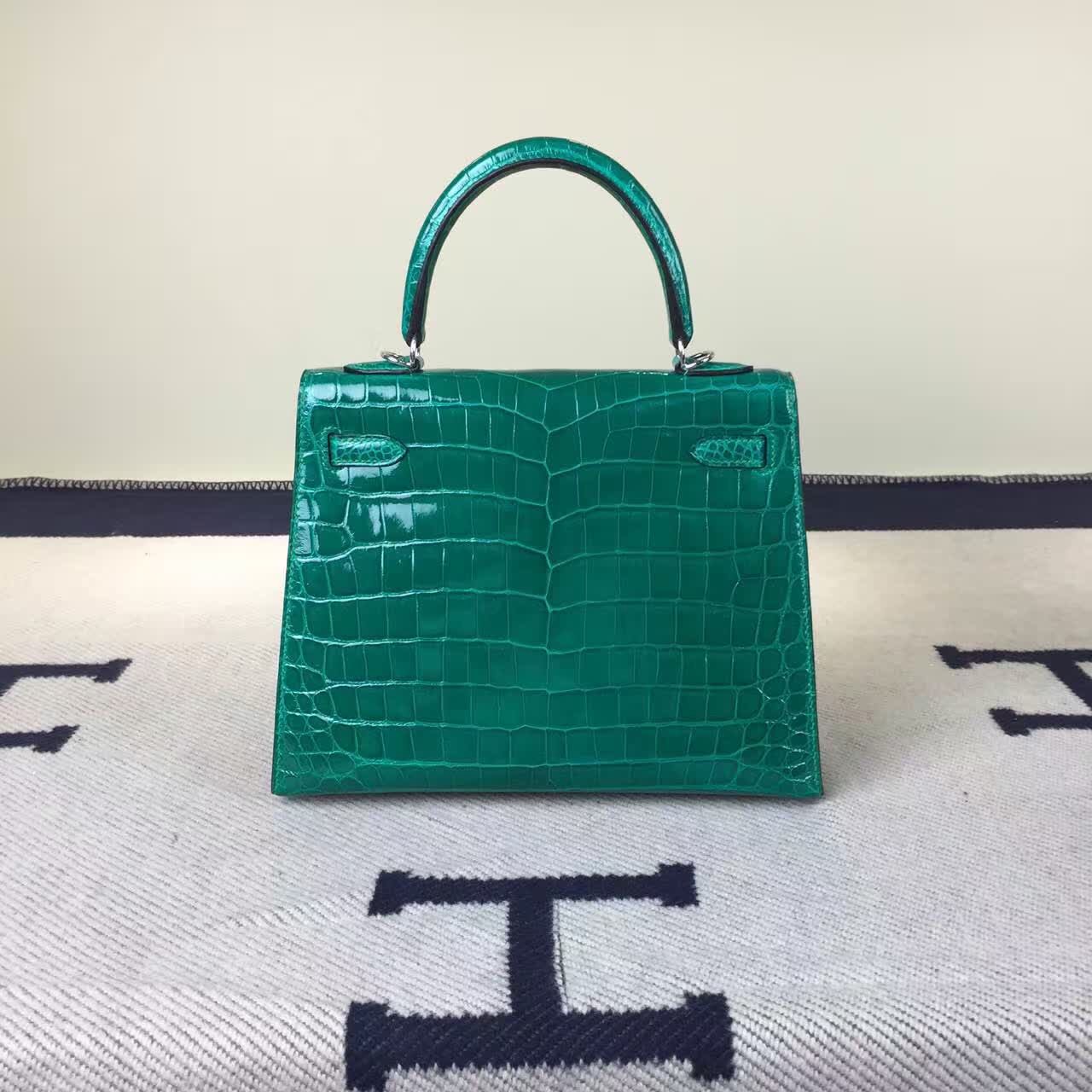 High Quality Hermes Crocodile Shiny Leather Kelly Bag 25cm in 6Q Emerald Green