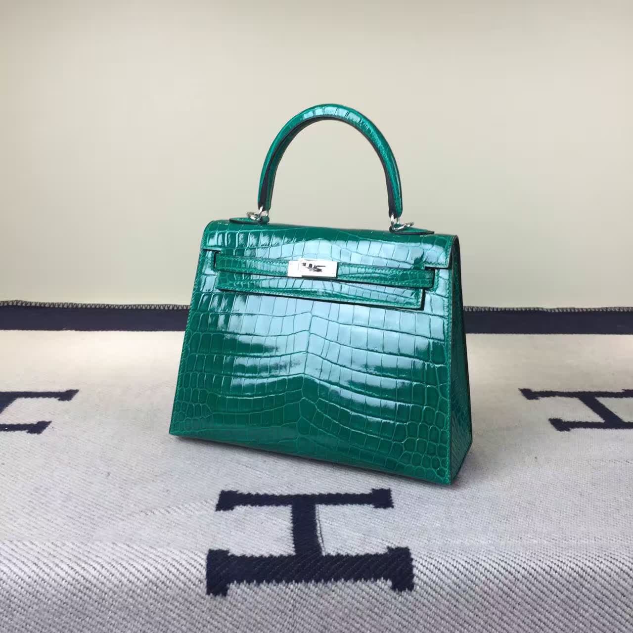 High Quality Hermes Crocodile Shiny Leather Kelly Bag 25cm in 6Q Emerald Green