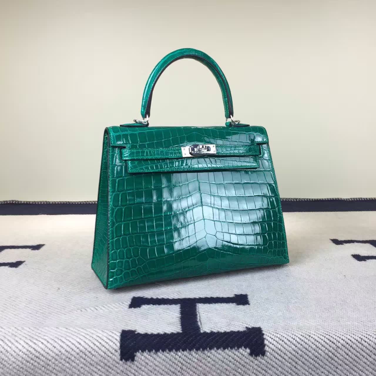 High Quality Hermes Crocodile Shiny Leather Kelly Bag 25cm in 6Q Emerald Green