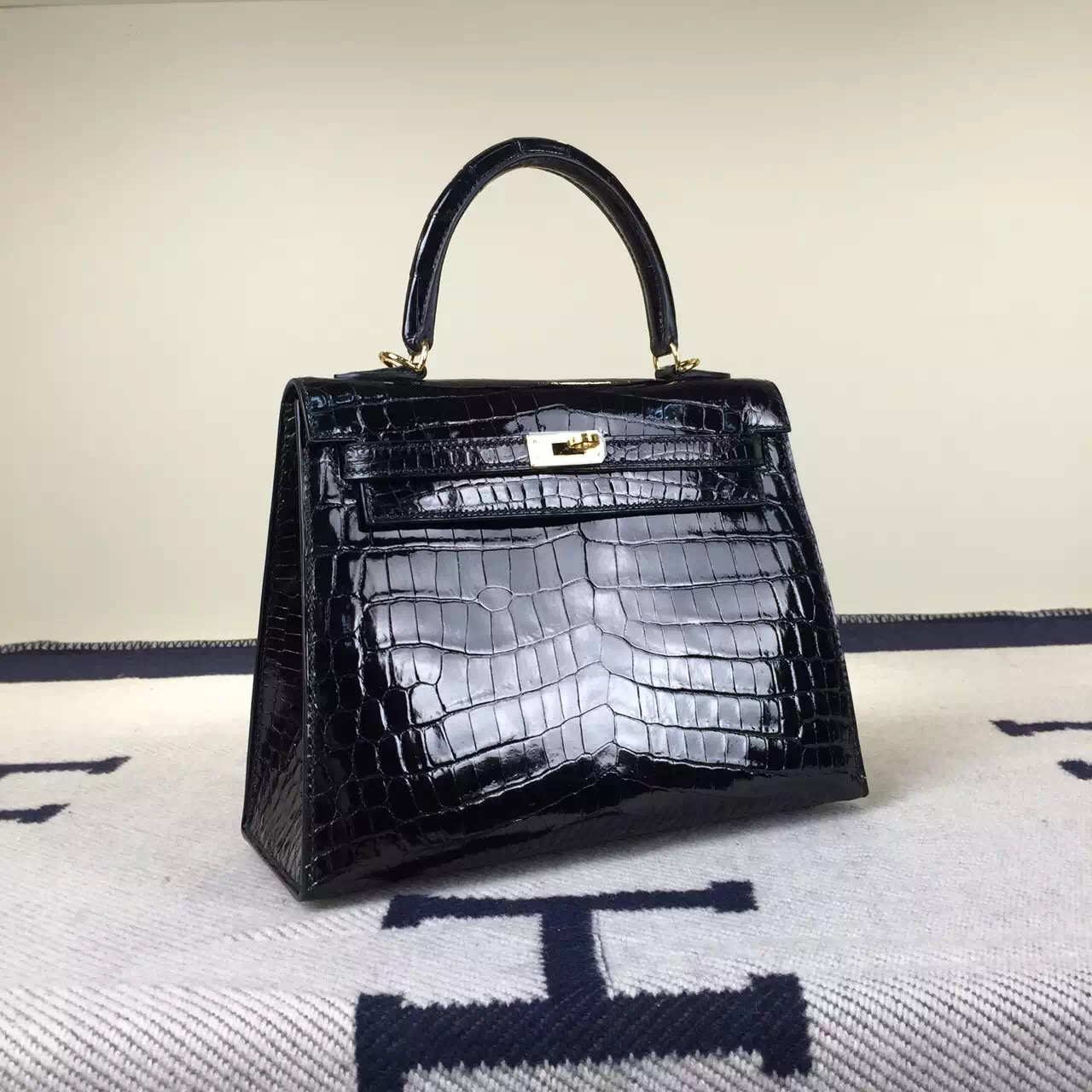 On Sale Hermes Crocodile shiny Leather Sellier Kelly 25CM in CK89 Black