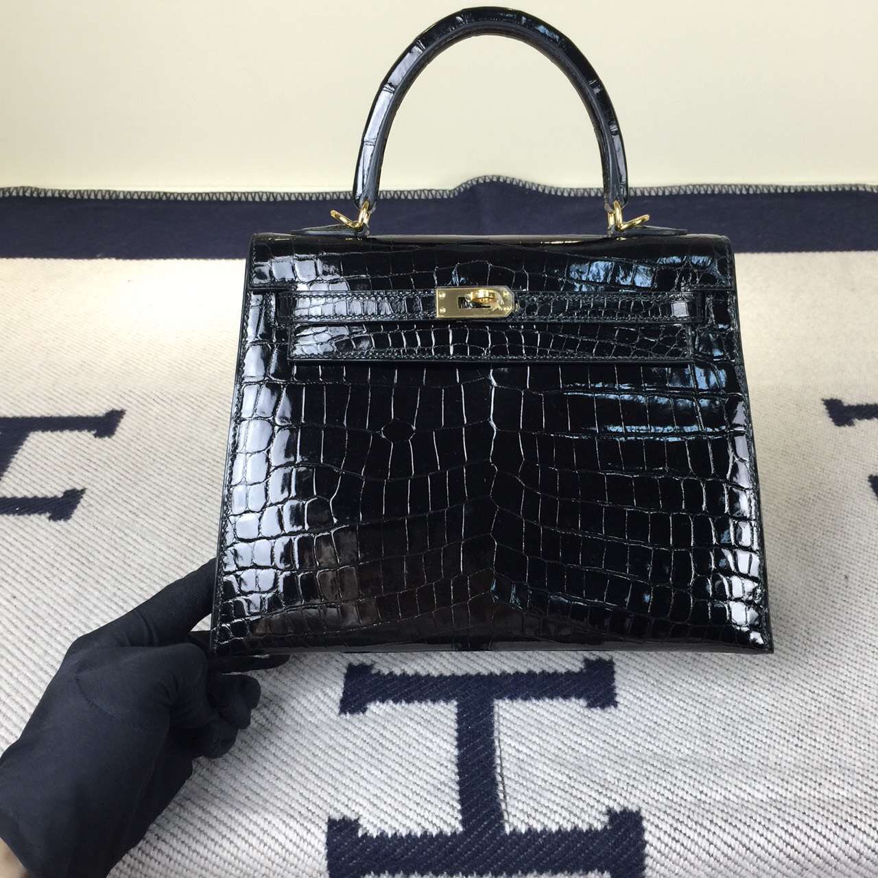 On Sale Hermes Crocodile shiny Leather Sellier Kelly 25CM in CK89 Black