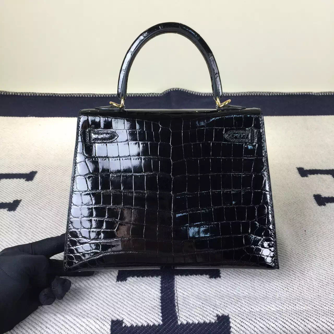 On Sale Hermes Crocodile shiny Leather Sellier Kelly 25CM in CK89 Black