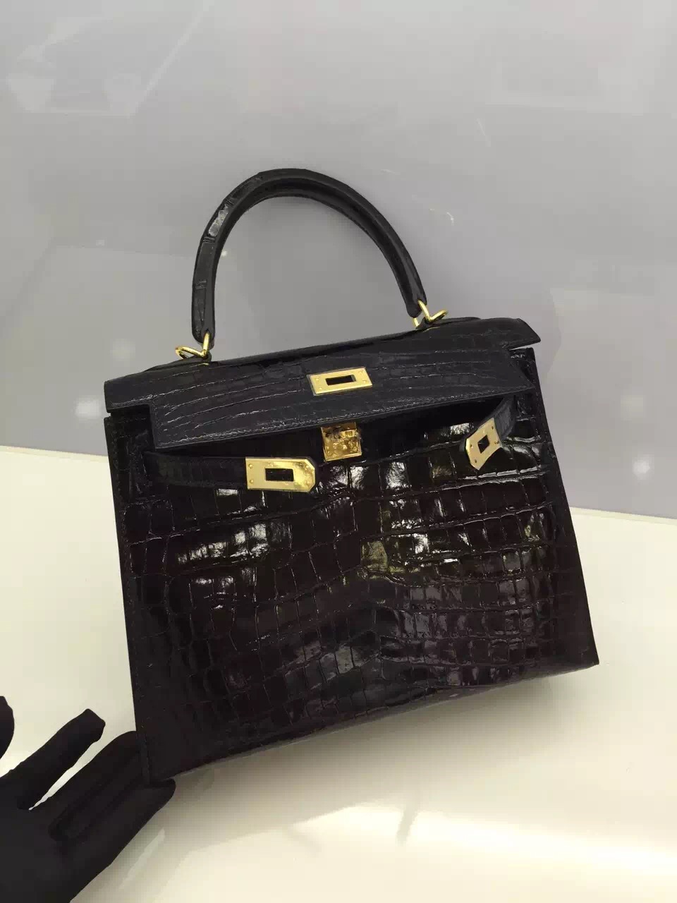 On Sale Hermes Crocodile shiny Leather Sellier Kelly 25CM in CK89 Black