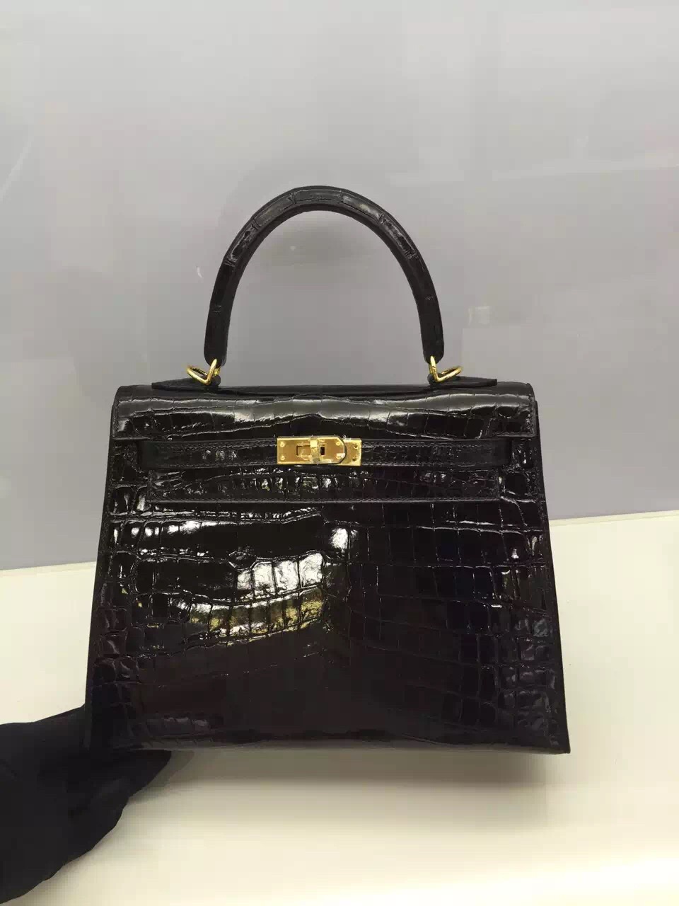On Sale Hermes Crocodile shiny Leather Sellier Kelly 25CM in CK89 Black