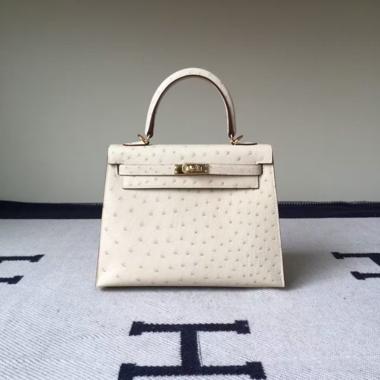 Hermes Ostrich Leather Sellier Kelly Bag 25CM in 3C Wool White