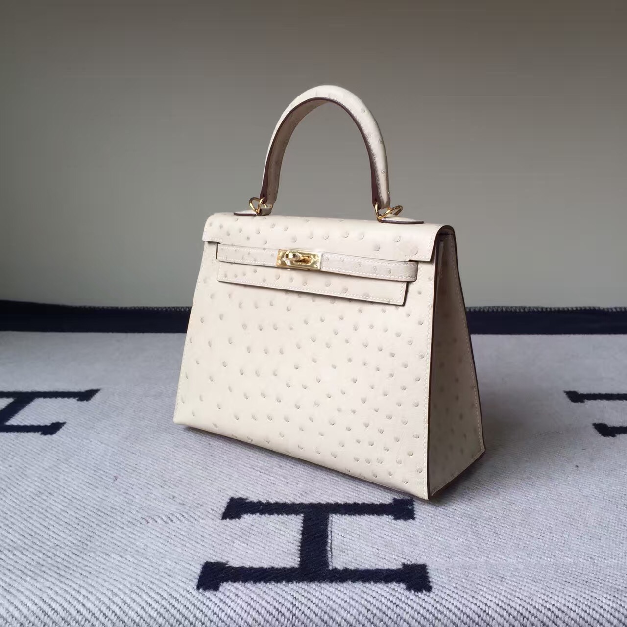 Cheap Hermes Ostrich Leather Sellier Kelly Bag25CM in 3C Wool White