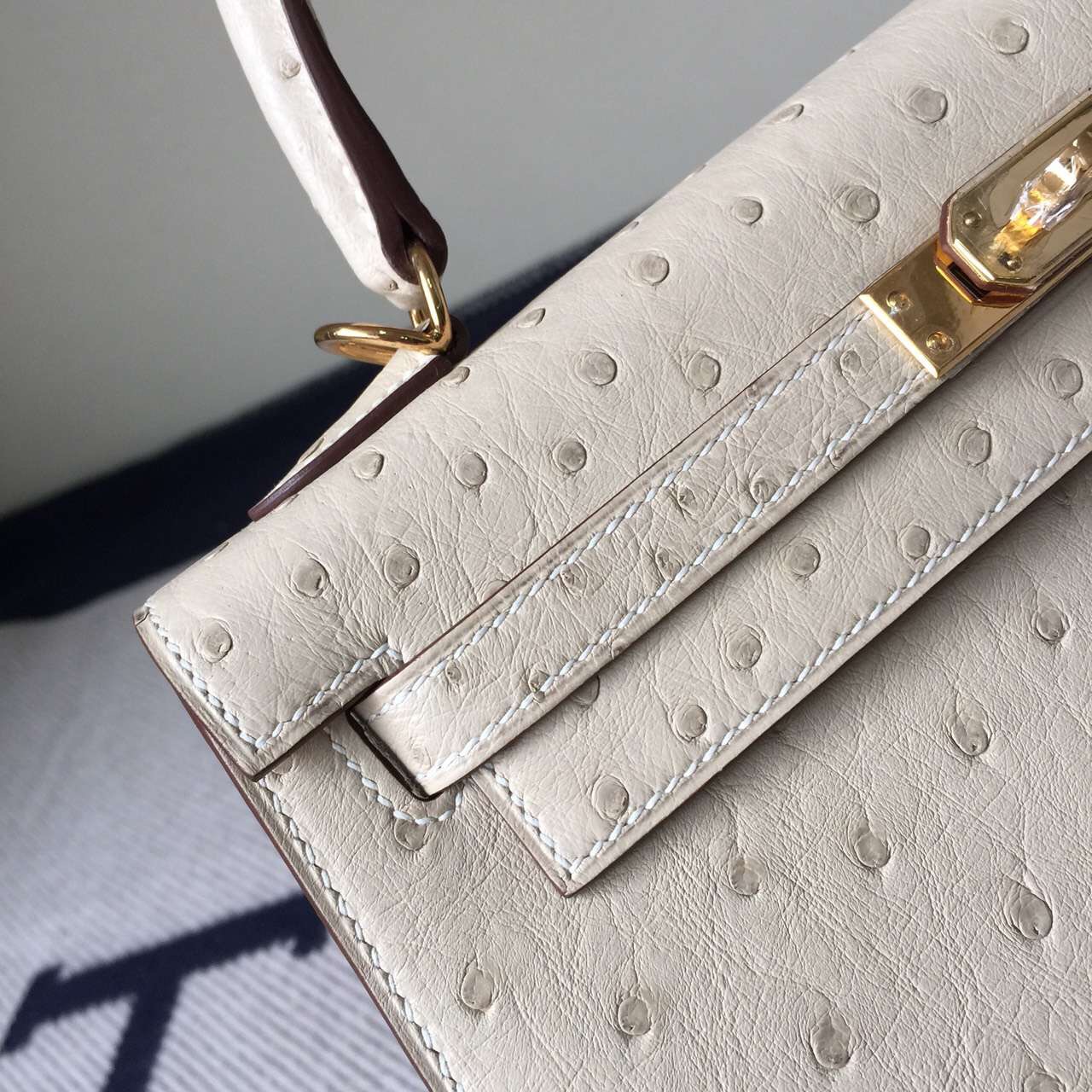 Cheap Hermes Ostrich Leather Sellier Kelly Bag25CM in 3C Wool White