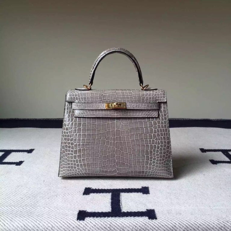 Hermes Gris Tourterelle Crocodile Shiny Leather Sellier Kelly 25CM