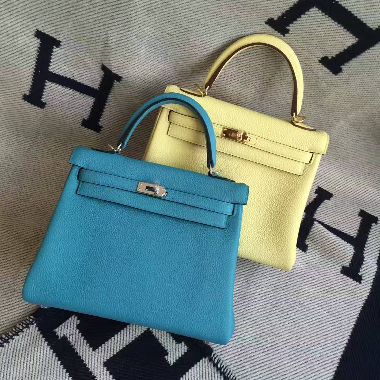 Fashion Hermes Retourne Kelly Bag25CM 7B Turquoise Blue  Togo Leather