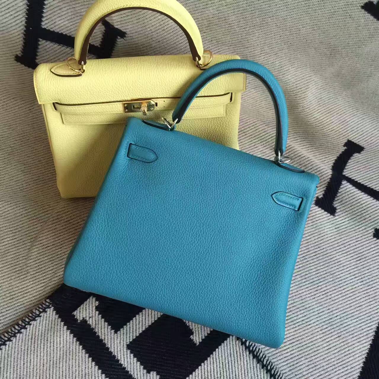 Fashion Hermes Retourne Kelly Bag25CM 7B Turquoise Blue  Togo Leather
