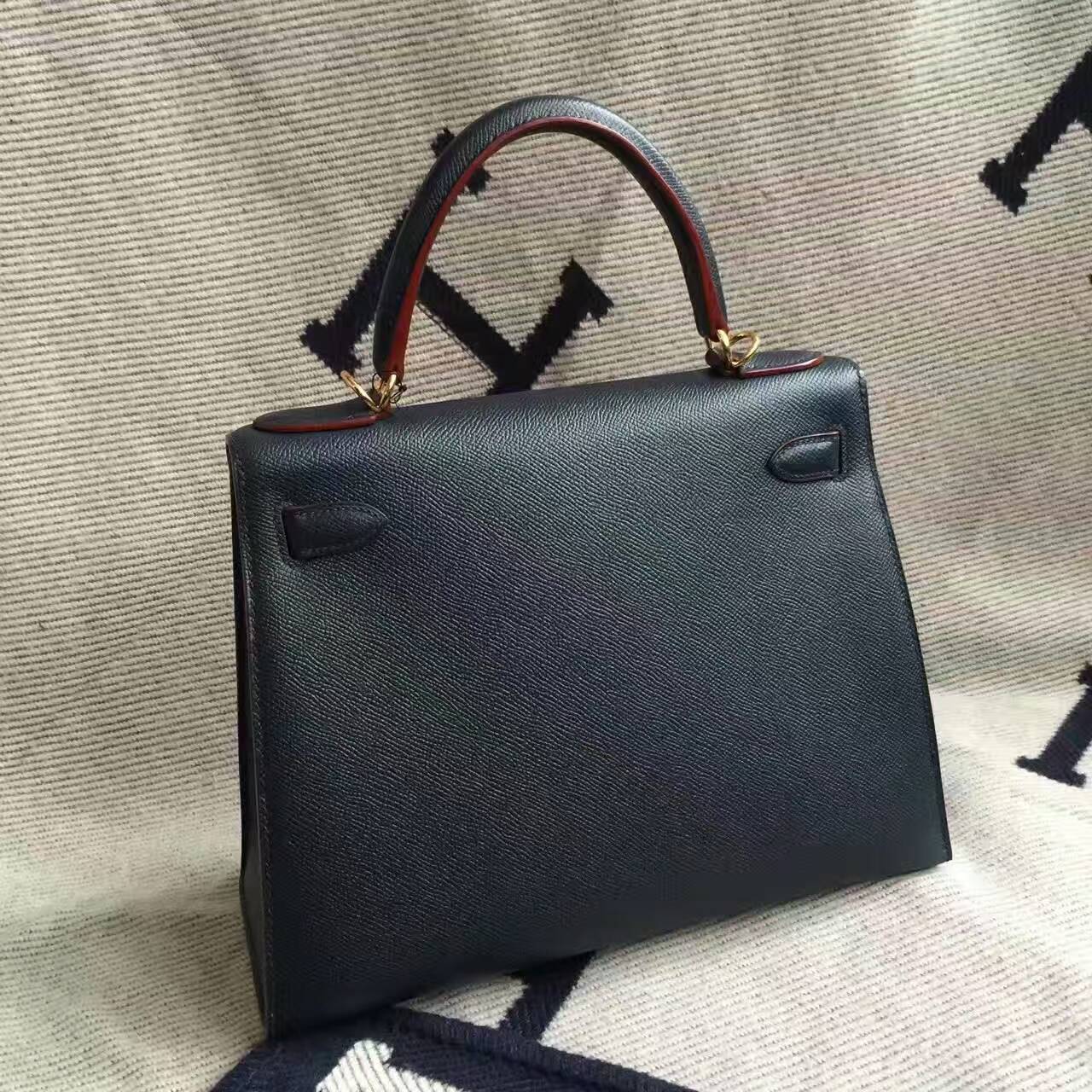 Wholesale Hermes 7K Dark Blue/Red Edge Epsom Leather Sellier Kelly Bag25CM