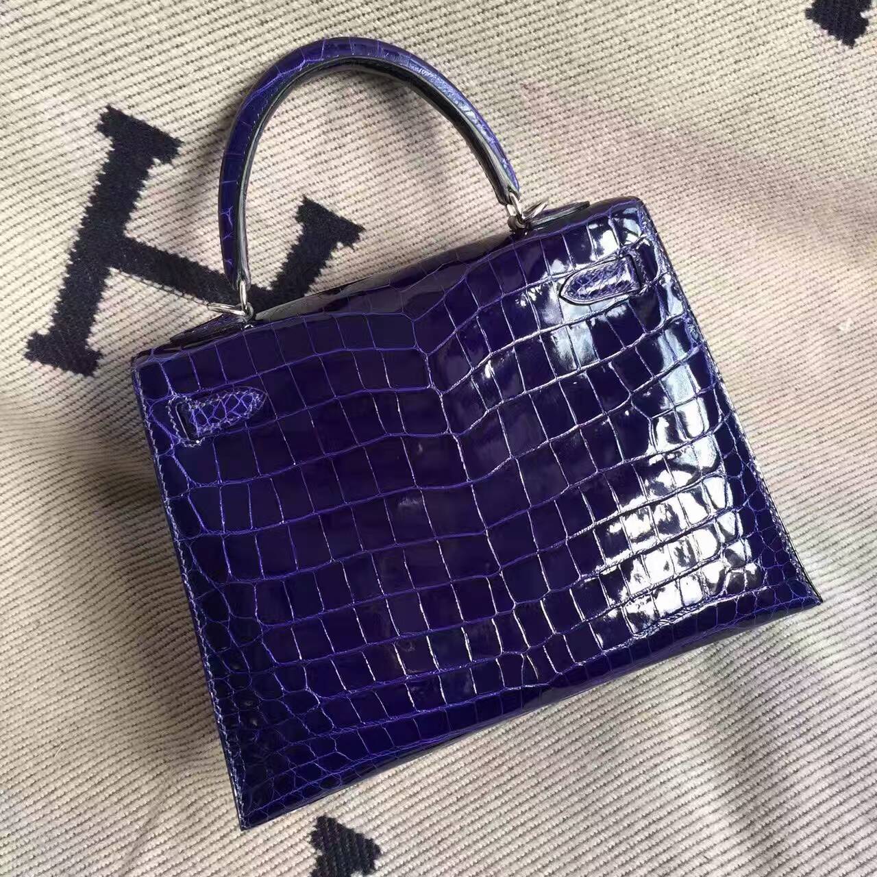 Wholesale Hermes 7T Blue Electric Crocodile Shiny Leather Sellier Kelly Bag25CM