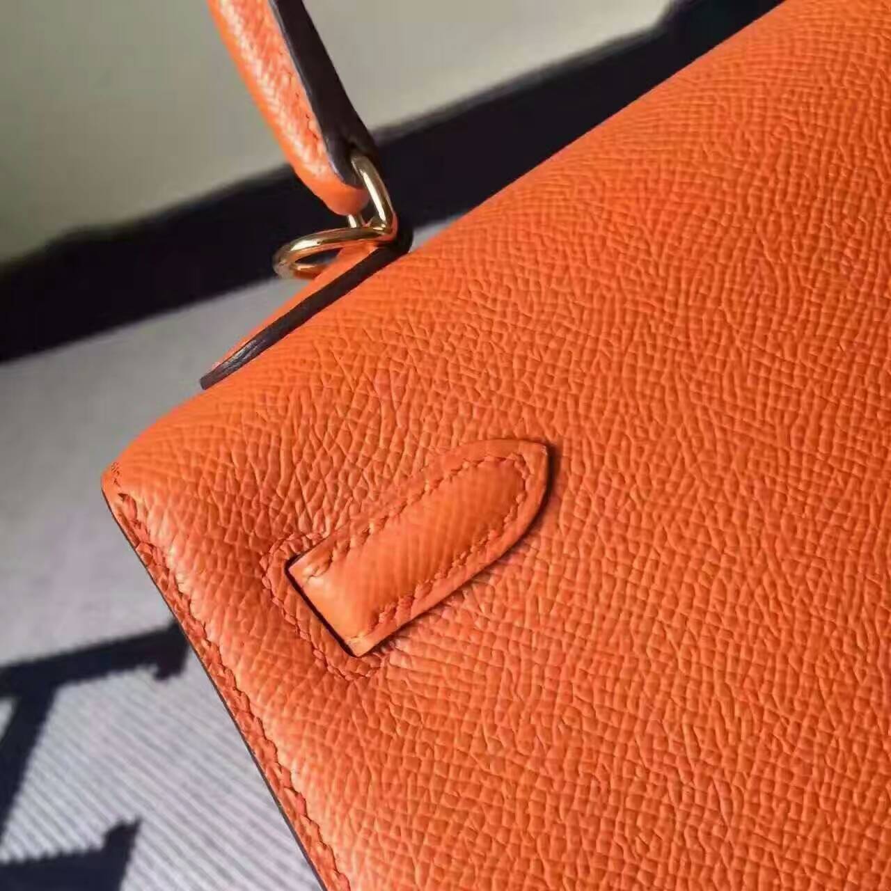 Hand Stitching Hermes CK93 Orange Epsom Leather Sellier Kelly Bag25CM
