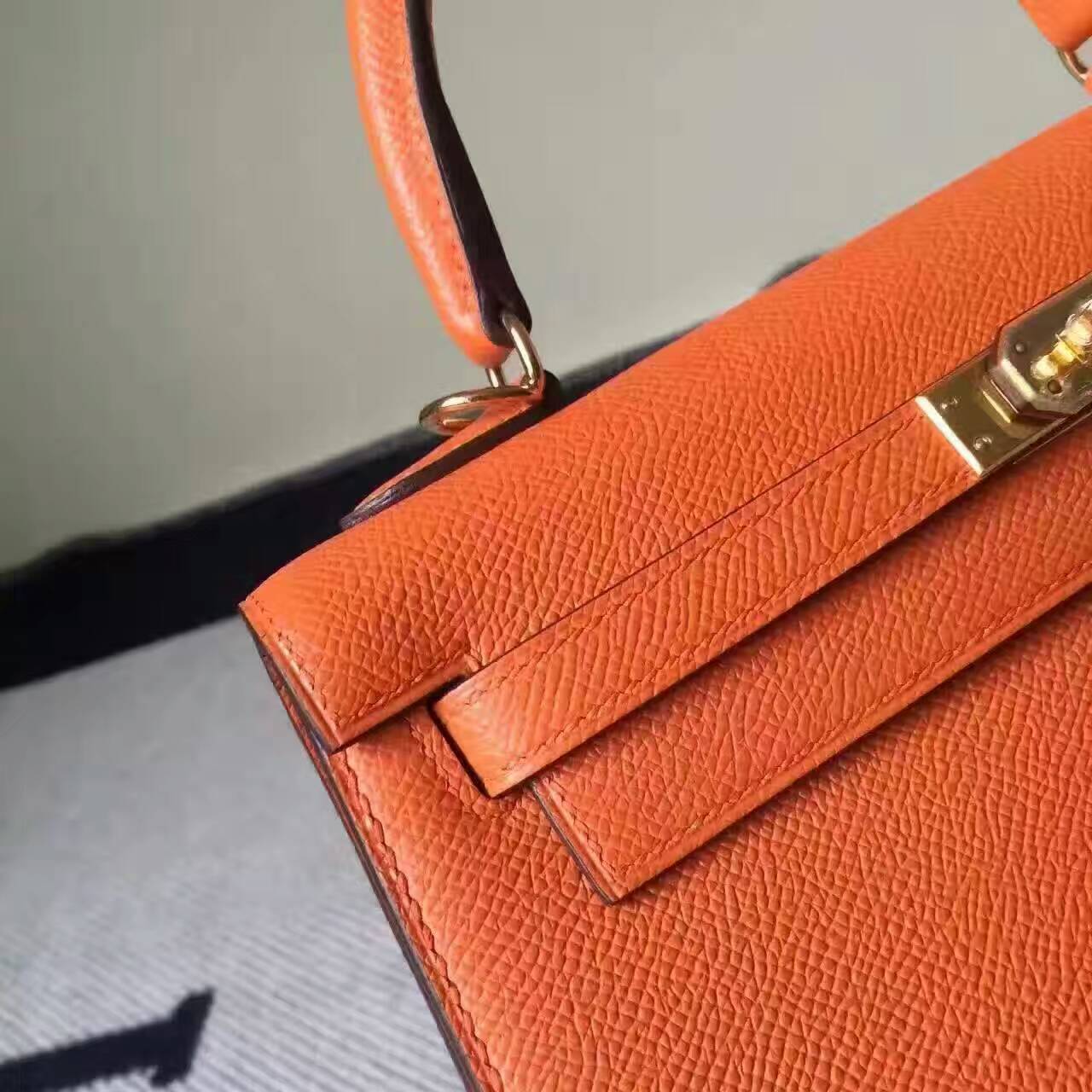 Hand Stitching Hermes CK93 Orange Epsom Leather Sellier Kelly Bag25CM
