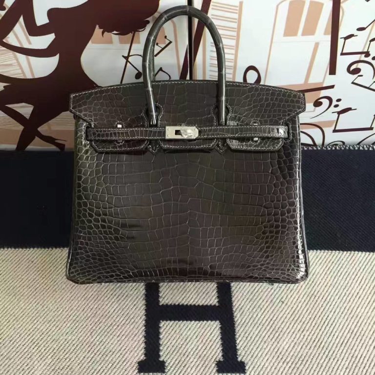 Hermes 88 Graphite Grey Crocodile Shiny Leather Birkin Bag 25cm
