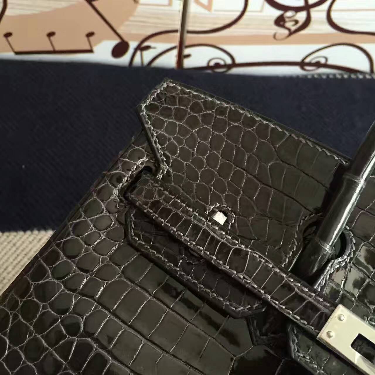 Wholesale Hermes 88 Graphite Grey Crocodile Shiny Leather Birkin Bag25cm