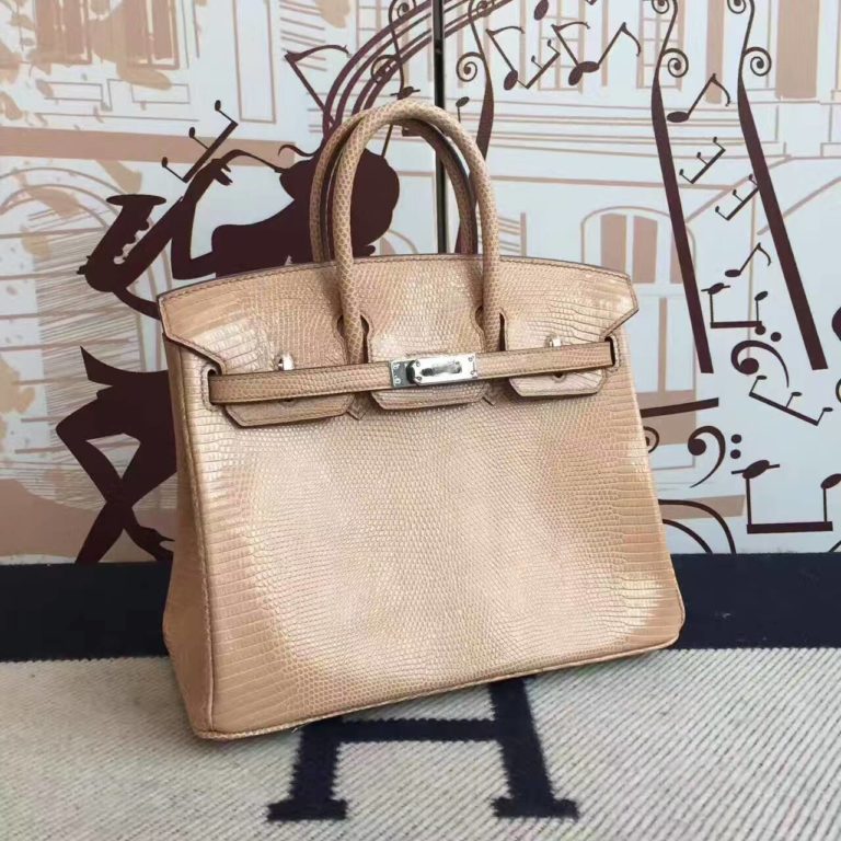 Hermes Bag Apricot Lizard Shiny Leather Birkin 25cm Handbag