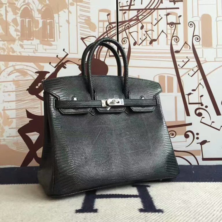 Hermes CK89 Black Lizard Shiny Leather  Birkin Bag  25cm